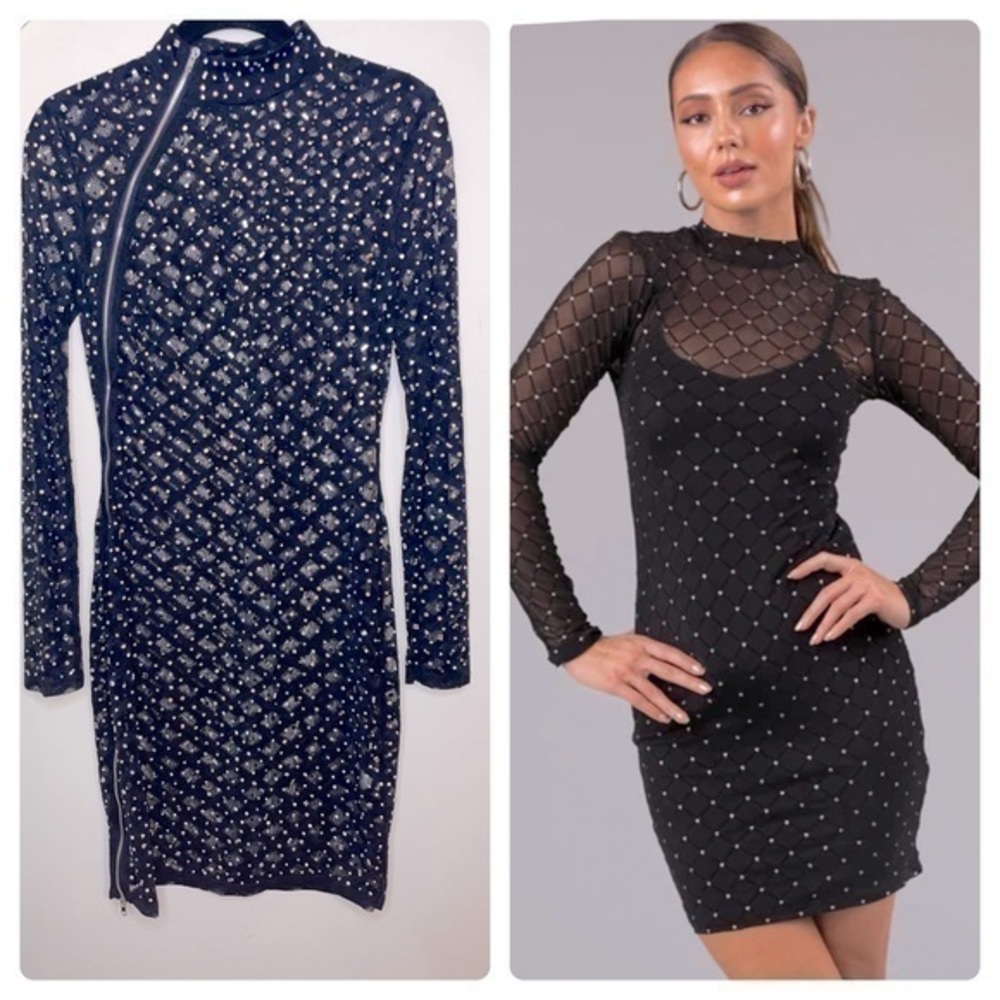 Banjul Mesh Rhinestone Sheer Bodycon Long Sleeve Mock Neck Zipper Front Mini